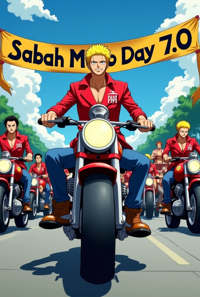 Anime one piece shanks riding a mini moped , Shanks took 100 people on a motorbike , they all wear red jackets , All jackets have GPH text on the chest , all wearing long jeans, and wear motorcycle boots, all members are excited , in front holding a banner that says Sabah Moto Day 7.0