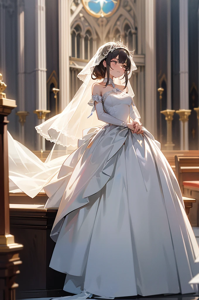 The idea is, i'd like to have her in a wedding gown (i can leave its design up to you) standing in a church/cathedral as the background, tears in her eyes and a ring on her finger. Basically a bride at the altar. Half body