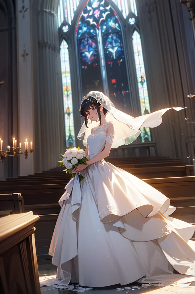 The idea is, i'd like to have her in a wedding gown (i can leave its design up to you) standing in a church/cathedral as the background, tears in her eyes and a ring on her finger. Basically a bride at the altar. Half body