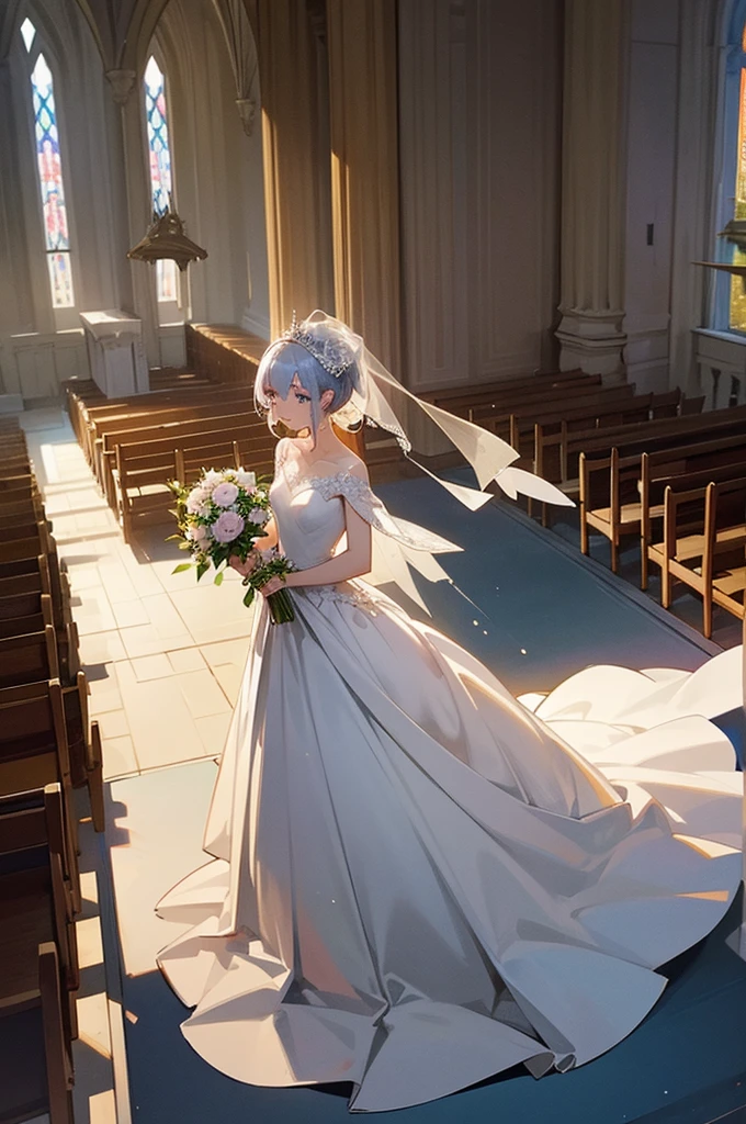 The idea is, i'd like to have her in a wedding gown (i can leave its design up to you) standing in a church/cathedral as the background, tears in her eyes and a ring on her finger. Basically a bride at the altar. Half body