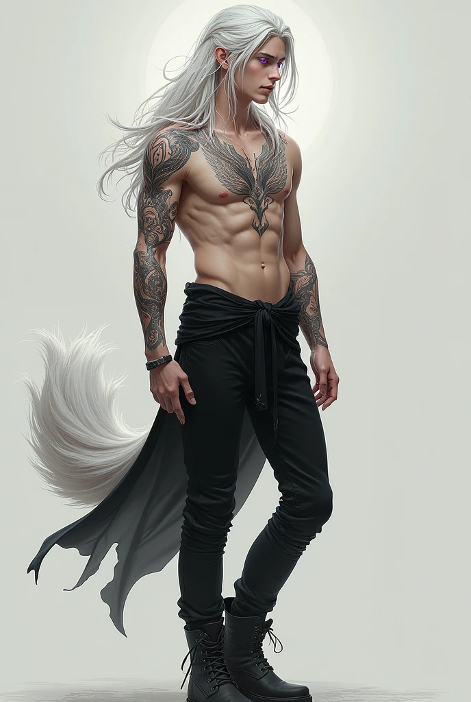 Thin, strong boy, with long white hair, purple eyes, sleeveless half shirt, visible fox tattoos on his torso, black pants, and black boots