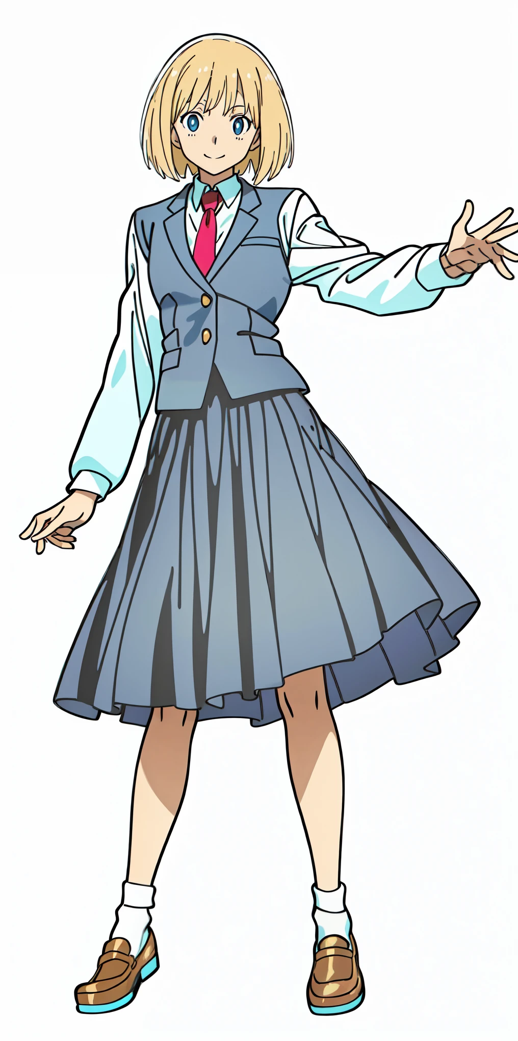 (white background:1.0), (best quality:2.0), (masterpiece:2.0), (super fine illustration:2.0), (beautiful artwork:2.0), (anime screencap:2.0), (official art:2.0), (european:1.0), (solo:1.0), (a 18yo cute girl:1.0), (long skirt:1.0), (blue skirt:1.0), (pleated skirt:1.0), (blue waistcoat:1.0), (white long sleeve collared shirt:1.0), (red necktie:1.0), (loafers:1.0), (white socks:1.0), (ideal ratio body proportions:1.0), (lanky:1.0), (tall:1.0), (slender:1.0), (small breasts:1.0), (smaller face:1.0), (smile:1.0), (cheerful:1.0), (detailed beautiful eyes:1.0), (detailed beautiful face:1.0), (glowing blue eyes:1.0), (bob cut:1.0), (swept bangs:1.0), (blonde hair:1.0), (standing:1.0), (looking at viewer:1.5)