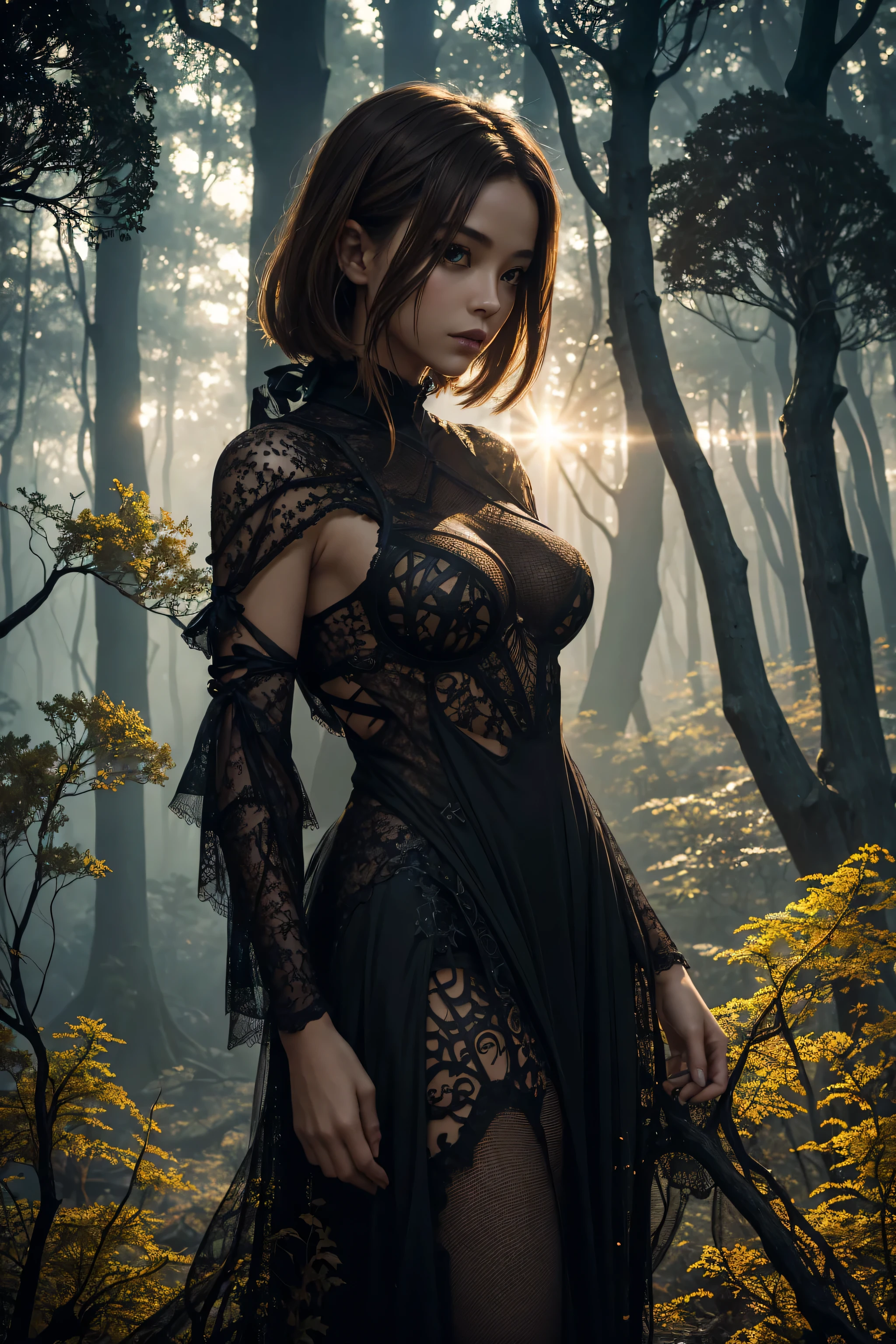 (masterpiece, top quality, best quality, official art, beautiful and aesthetic:1.2), (1girl),upper body, short light brown hair with highlights. asymmetric bob, one side of head shaved, slim, small breasts, young asian girl.
sexy, seductive, teasing the viewer. wearing a long dress made of strips of cloth, cloth strips circling floating magically around her, fishnet stockings, fishnet.
background of a creepy dark forest, silhouettes of crooked twisted trees, twisted, gnarly branches, misty, magical, mystical, golden sunlight, golden god rays, lens flare, lens artifacts. golden foliage.
side angle, dynamic pose, dramatic lighting
extreme detailed,(fractal art:1.3), white, black and gold, colorful, highest detailed, very deep vignette
atmosphere is spooky, eerie, evil, magical, fantasy world