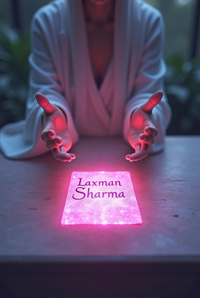 A table with a shiny pink card-like lead on it with "Laxman Sharma" written on it heal with two fingers 
