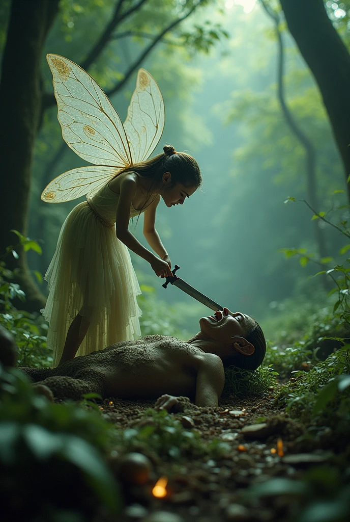 A fairy cutting off an alien's head, In the woods