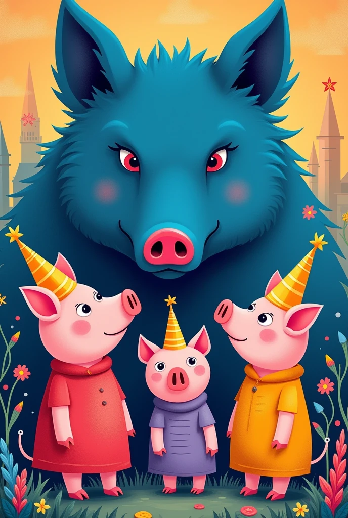 wolves (cerulean ) com the three little pigs (Pink, purple, yellow)
Create art for a flag. As if the little pigs were the birthday team and the wolf were us (get inspired by the drawing "the three little pigs"