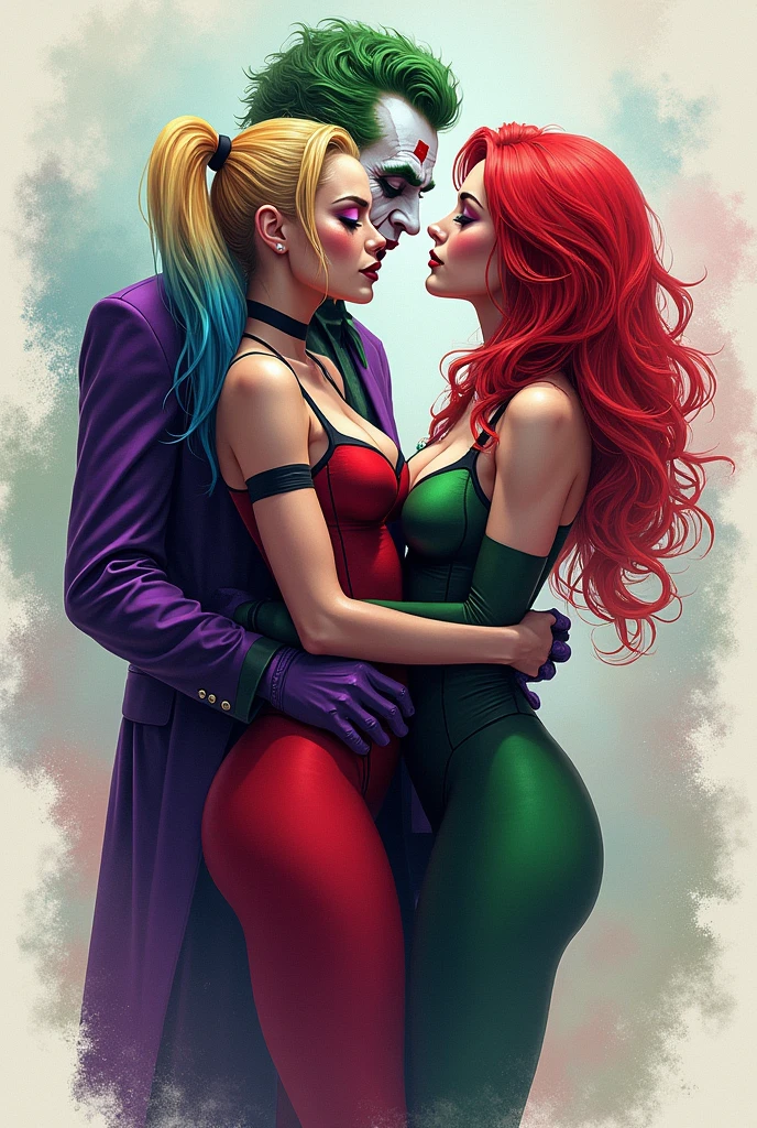 Harley Quinn Sexy Poison Eve Posing With Joker  , neon watercolor 4k