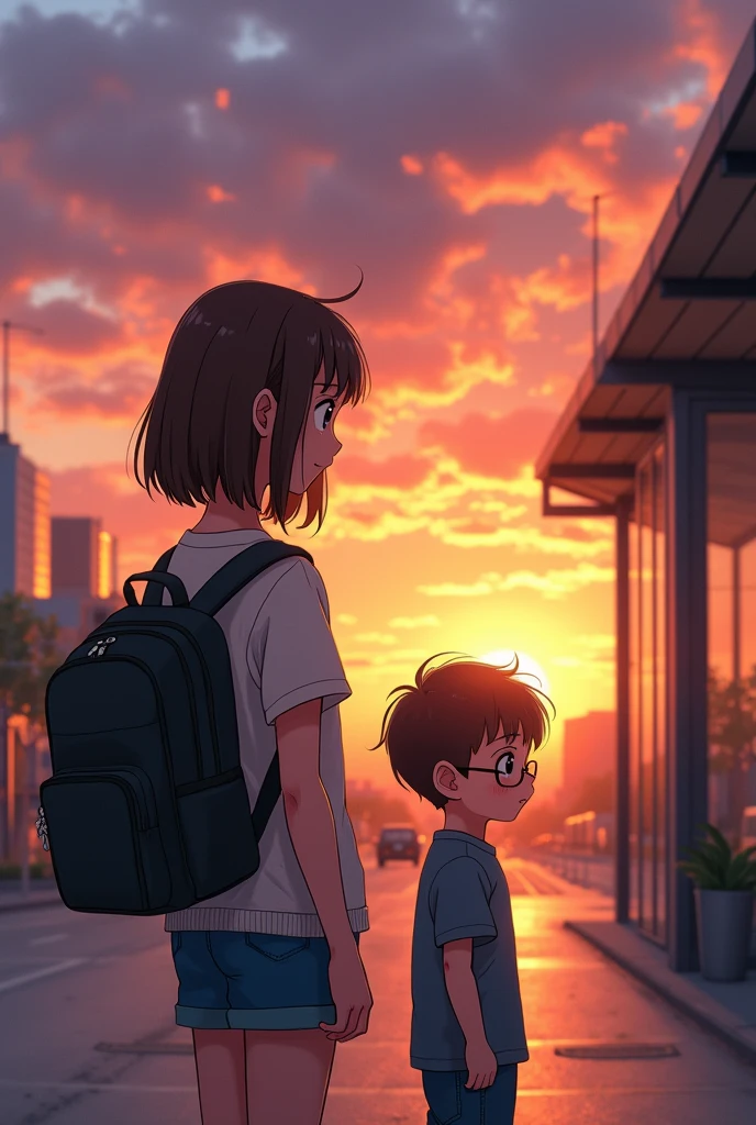 Make a 20 year old girl, low, Brown hair and a black waterproof backpack, a 2 boy, high, Tez blanca, cabello negro y de lentes con una mochila lowndo de un autobús en la ciudad con un hermoso atardecer, in 2d animation 