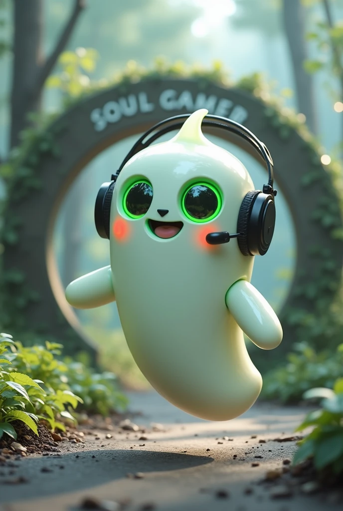 Create a Ghost-Looking Robot Pet. With slightly rounded shapes and well-defined limbs. His facial expression has large, green eyes with a glow, conveying a friendly and cheerful expression. He has a small open mouth with a happy smile and flushed cheeks.. Its body is white with small green details and a smooth, slightly shiny texture.. He has a headset on his head with an adjustable microphone positioned close to his mouth.. And on his chest you can see the shape of a Playstation 5 controller in fluorescent green.. It floats in the air, as if he were ready for an adventure. Behind the character you can see a portal and on it is written "Soul Gamer".