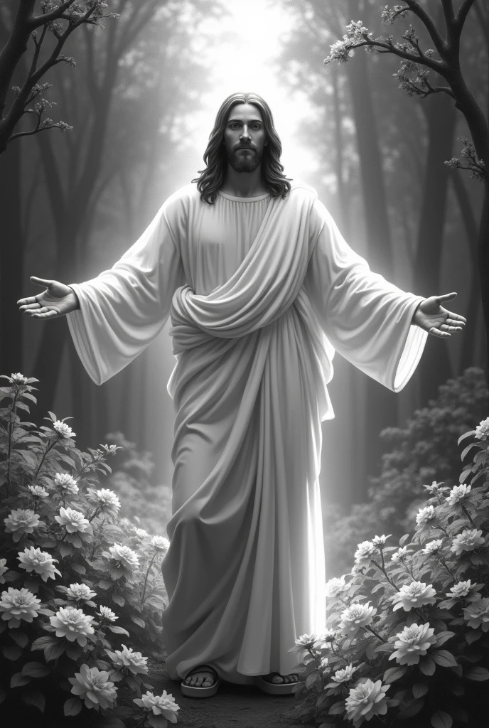 An image of Jesus illuminated, in black and white, with loving look and smiling at me, with open arms, in a garden with many trees and flowers