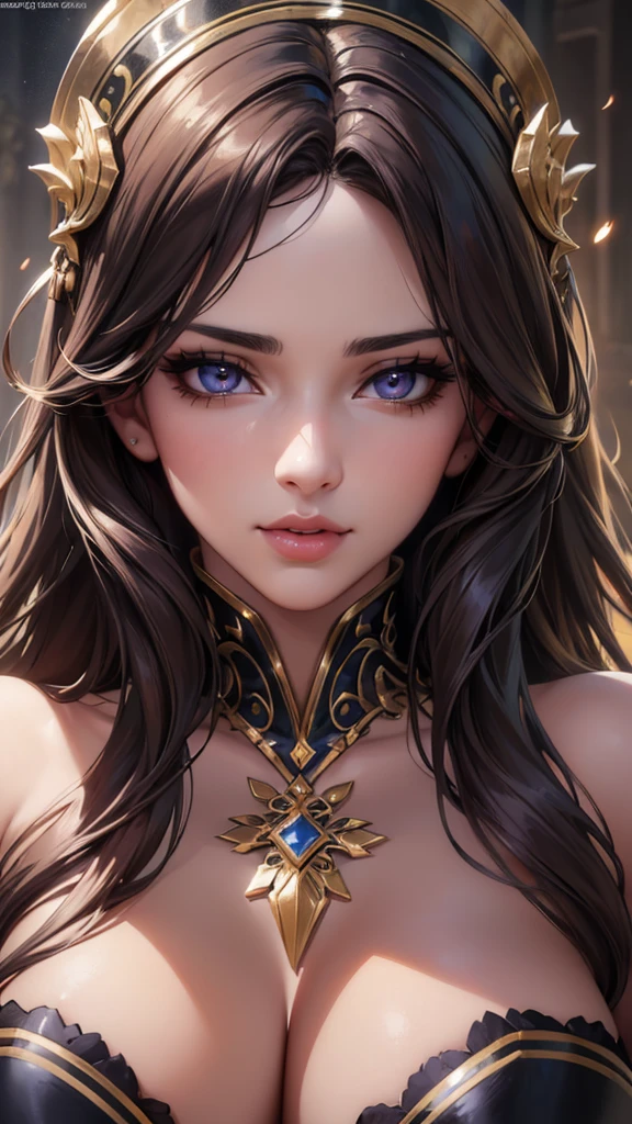 beautiful woman with dark brown long hair, brown eyes, large breasts, seductive gaze, anime girl, extremely detailed eyes and face, longeyelashes, beautiful detailed lips, beautiful detailed eyes, portrait, chiaroscuro lighting, dramatic lighting, cinematic, dramatic pose, elegant, sensual, alluring, mystical, enchanting, (best quality,4k,8k,highres,masterpiece:1.2),ultra-detailed,(realistic,photorealistic,photo-realistic:1.37)