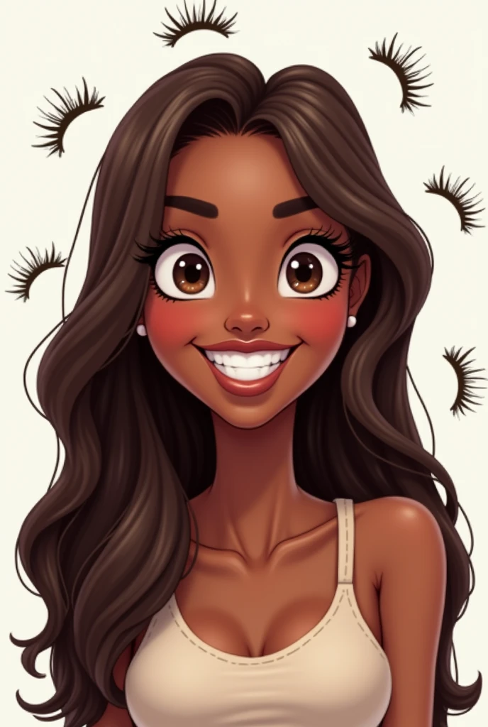 Animated character woman with dark skin, long brown hair, brown eyes with beautiful long false eyelashes, perfect eyebrows, dressed casually, cheerful, on a white wall background with drawn eyelashes