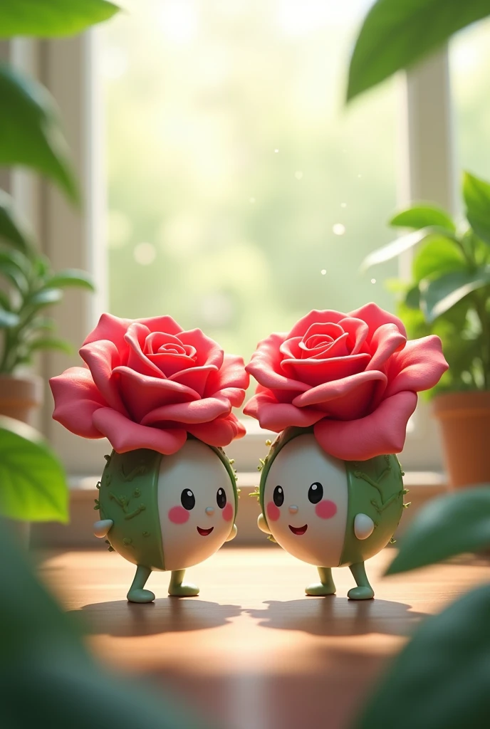 Create a transparent image of two adorable, cartoonish rose characters, one red and one gray both with cheerful smiles and tiny arms and legs. They have glossy, semi-transparent surfaces with tiny water droplets, and each has a small leaf on top. The background features a bright and airy indoor setting with green plants and soft natural light, creating a cozy atmosphere. The scene conveys a sense of happiness and friendship, with a gentle bokeh effect in the background.

#