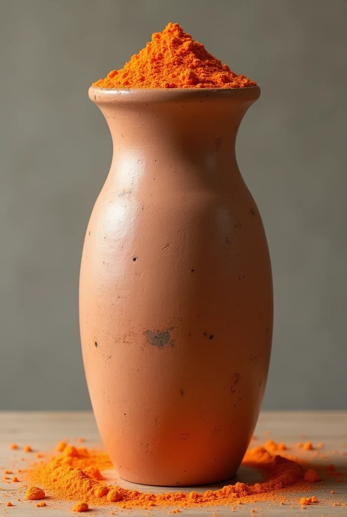 Make an image of a very very long and tall clay pot with flour made from carrots
