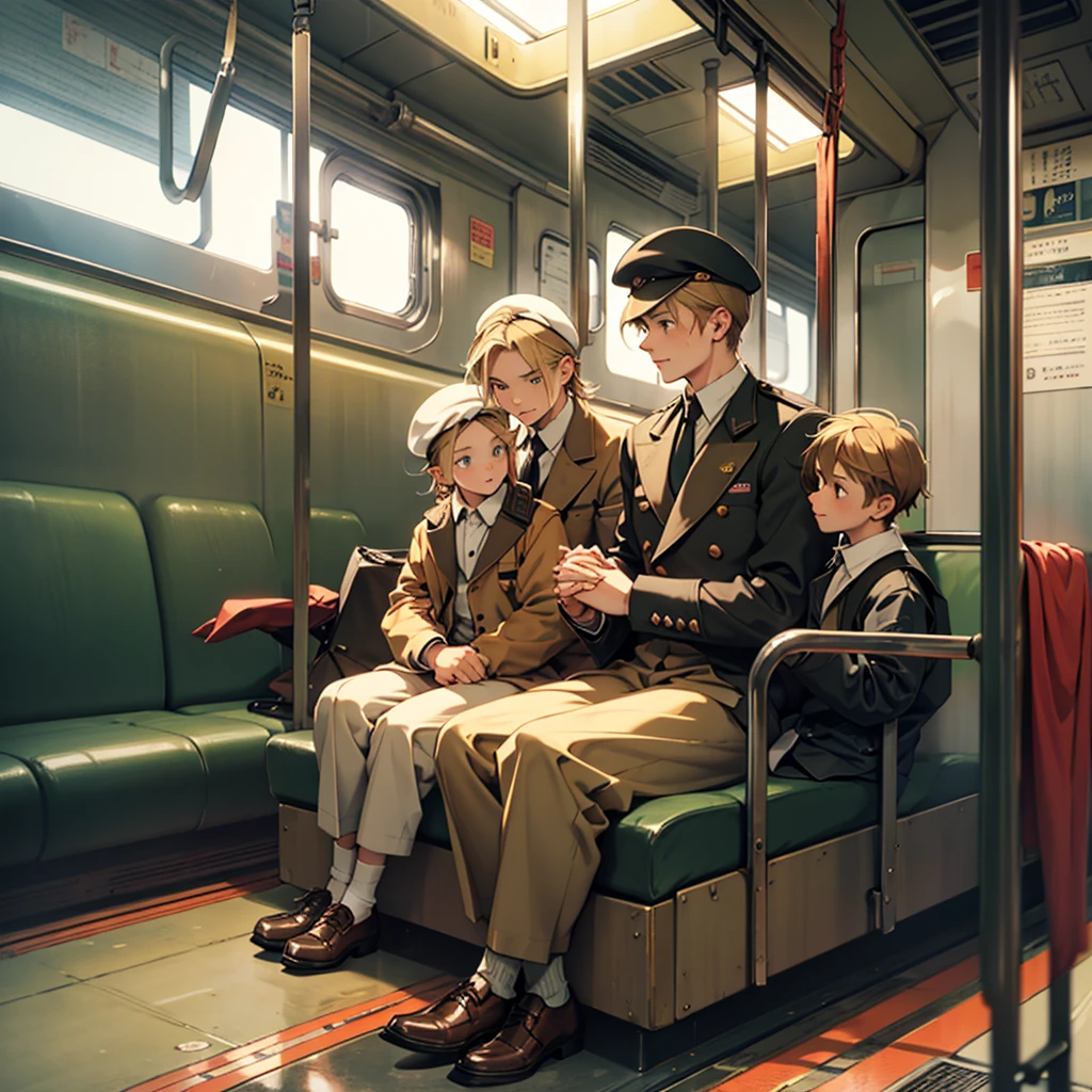 A man sitting on a train with two young boys one with blond hair aged six and one with brown hair aged eight holding hands sitting on a train wearing 1930s clothes and a beret