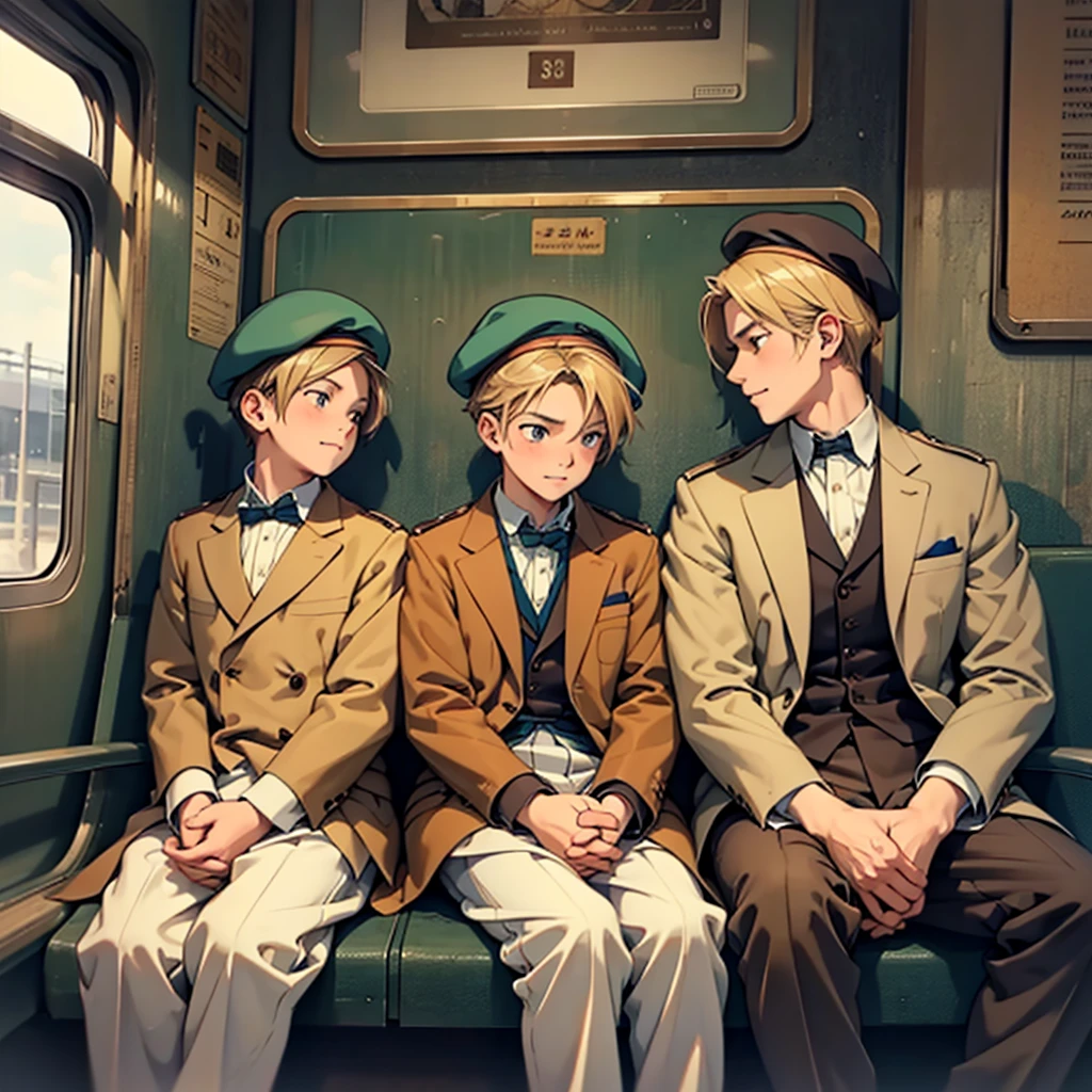A man sitting on a train with two young boys one with blond hair aged six and one with brown hair aged eight holding hands sitting on a train wearing 1930s clothes and a beret