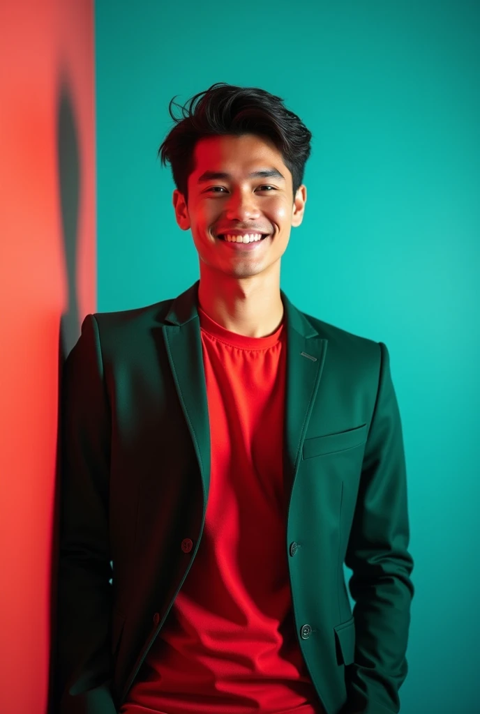 A young man with dark hair and a confident smile. He is dressed in a green blazer over a red shirt.The man is positioned Against Aqua colour backdrop with a subtle red lighting on the left side. And he posting for LinkedIn profile