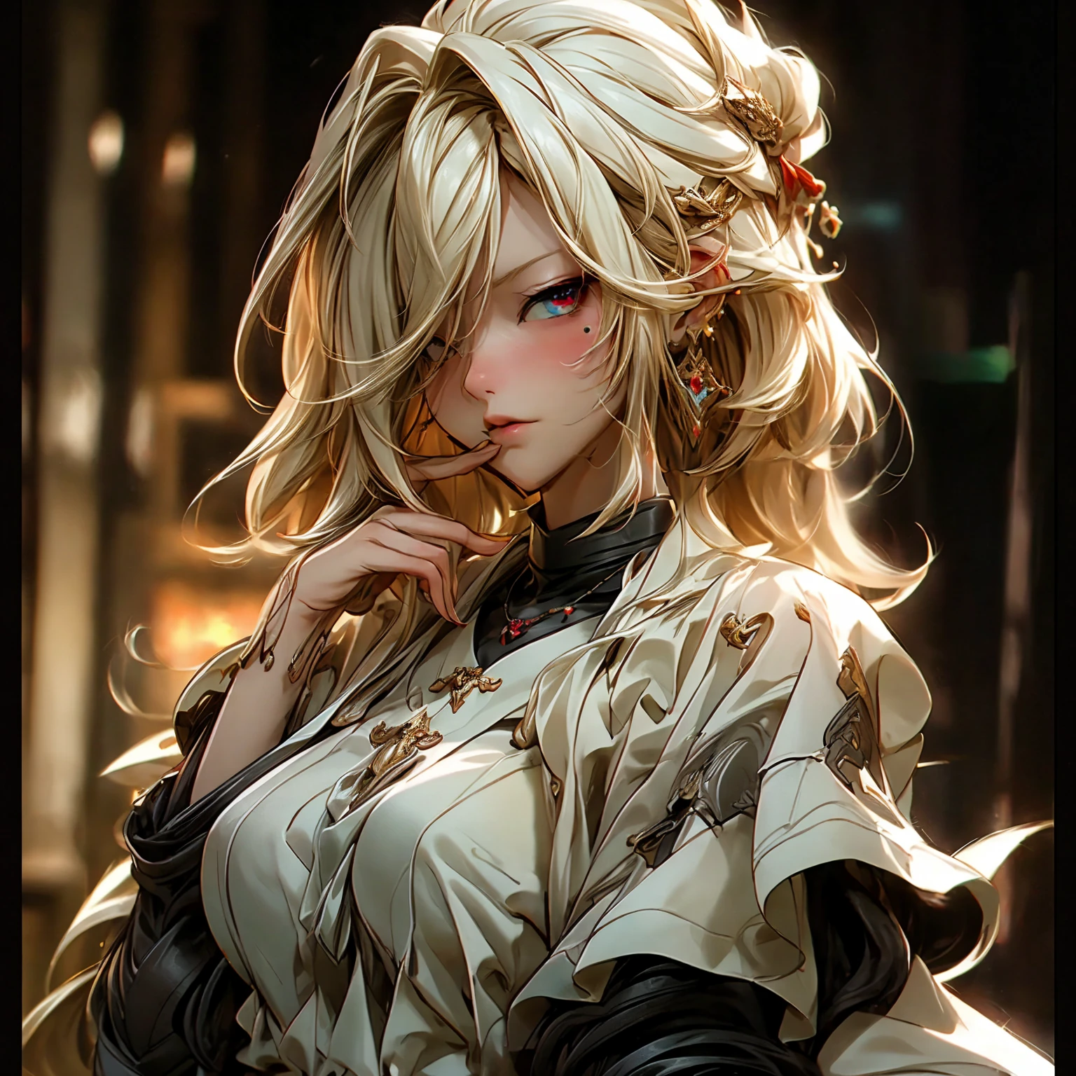 (best quality)), ((Masterpiece)), (details:1.4), 3d, HDR (high dynamic range), an image of a beautiful cyberpunk female, fantasy, blonde hair, Sleek style, Curtain Bangs, Red eyes, จมูกโด่ง, ปากแดง, หน้าอกใหญ่, nvidia RTX, PBR surface, After processing, Anisotropic filtration,depth of field, Maximum clarity and clarity, multi-layered surface, Subsurface scattering, perfect proportions, 8K raw files, ultra detailed, Perfect proportions, volumetric lighting, soft lighting, Holy Paladin, Heavy black Armor, glossy skin, chapel background, jewely, ต่างหู, นิ้วมือสมบูรณ์,