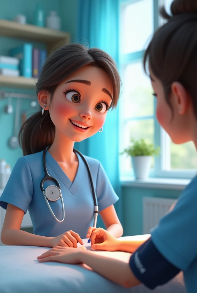 takes my temperature and checks my blood pressure, girl hands zoom in, 3d pixar