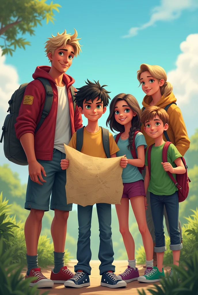 A group of friends with 5 people, three boys and two girls.a tall boy with black hair and green eyes and fair skin a tall blond boy with blue eyes and a tall boy with dark skin and wavy hair a tall girl with brown hair and honey-colored eyes and a tall blonde with green eyes and the one with black hair in the middle of everyone holding a map and they are teenagers