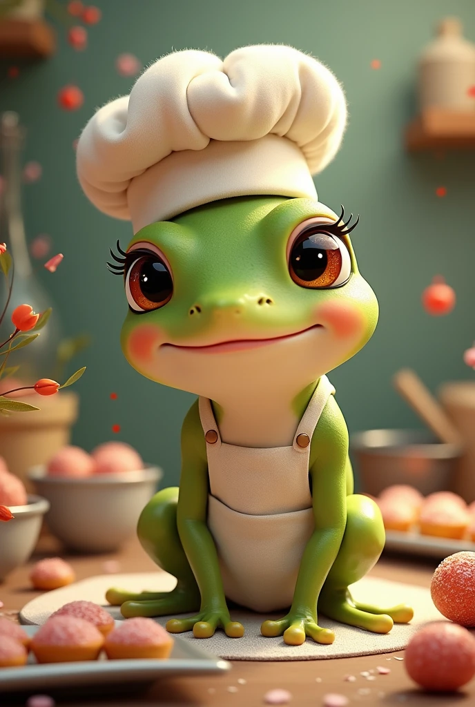 Cute baby frog girl pastry chef