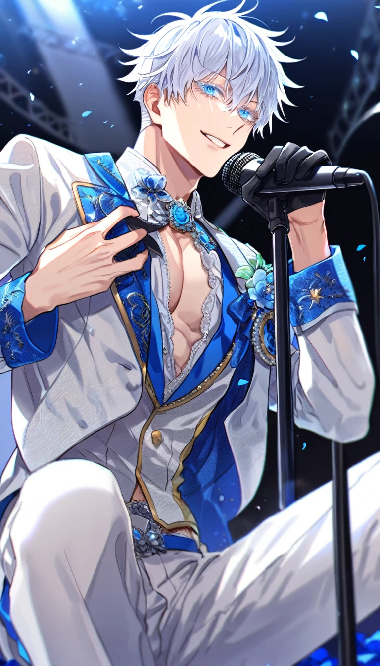 Ultra detailed, Highres, absurdres, HDR, master piece, Gojou Satoru, white hair, expressive blue eyes, white eyelashes, Jujutsu Kaisen, sexy man holding a microphone, sitting, solo, idol, white idol clothes with trimmings, blue petals, glittering, black gloves, blue flowers, sensual, fantasy, idol stage, concert, manly man, horny, erotic, handsome smile, toned chest, white pants