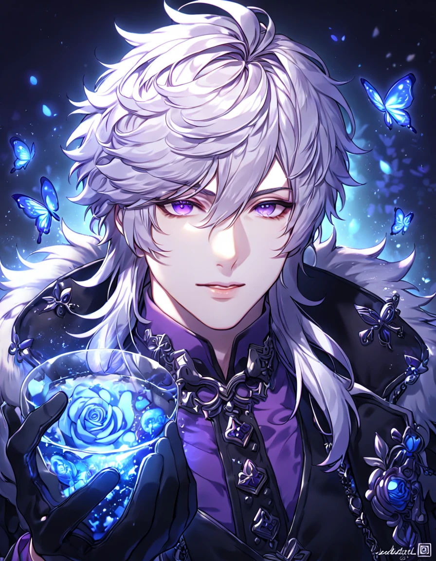 absurdres, highres, ultra detailed, HDR, master piece, best quality, extremely detailed, detailed face, Add, white hair, expressive purple eyes, Elsword, solo, sexy man, handsome, manly man, black coat with high fur collar, purple shirt, black vest, black gloves, magical, fantasy, under a blue tree, blue flames, blue moon, blue fireflies, blue roses, blue butterflies, glass magic