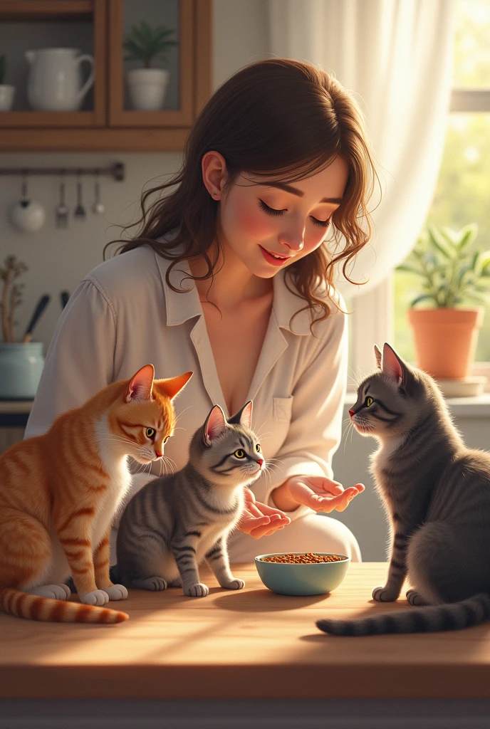 Morning in the kitchen, 3 British cats are fed by a woman “cat mom” in her pajamas 