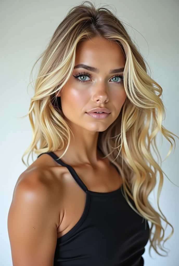 Blonde influencer with blue eyes