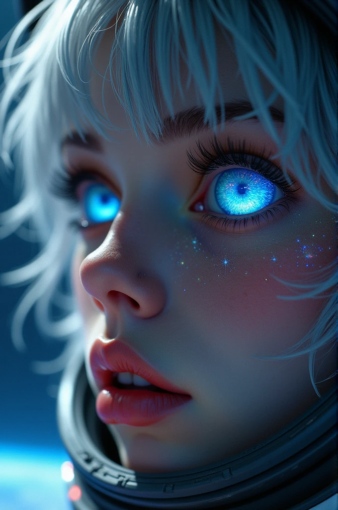(Close-up of a better masterpiece:1.5)0.9], (Space and astronauts:1.2) (Messy silver hair:1.1) (Heterochromia xanthochromia and blue eyes:1.2) (Space Helmet:1.0) (Colored stars in the eyes:1.0) (A radiant glow:1.1) (thick lips:0.9)