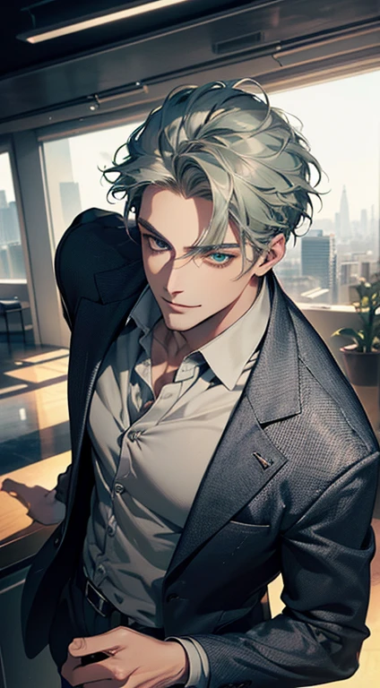 (best quality, masterpiece, 8K, photorealistic, cinematic lighting, 1:4 hdr image, top view, ultra detailed, beautiful image), a mature man, very handsome, short grey green hair, blue eyes, perfect face without errors , ((buttoning his jacket, CEO)), smile in love.