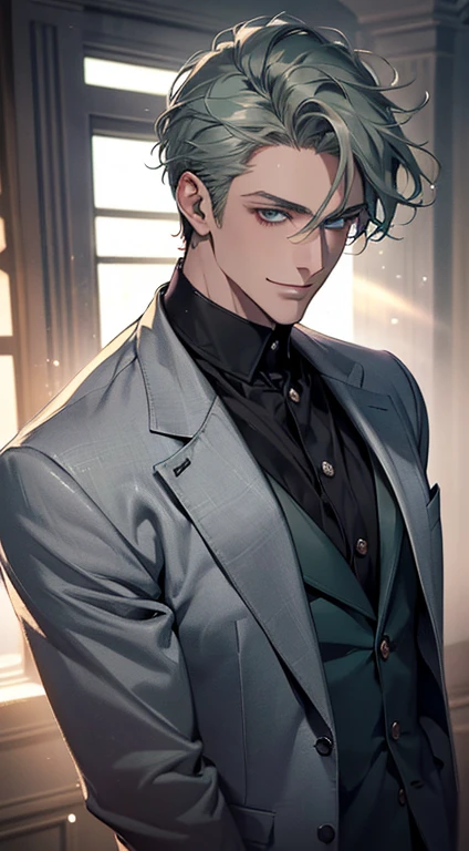 (best quality, masterpiece, 8K, photorealistic, cinematic lighting, 1:4 hdr image, top view, ultra detailed, beautiful image), a mature man, very handsome, short grey green hair, blue eyes, perfect face without errors , ((buttoning his jacket, CEO)), smile in love.