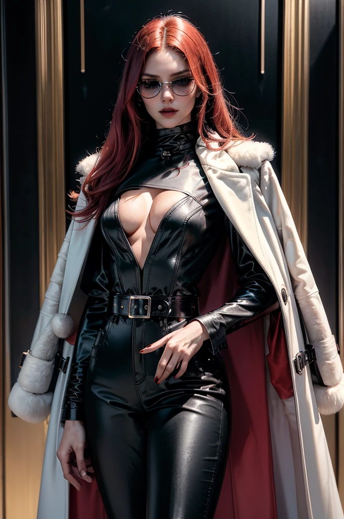 a beautiful young woman with long red hair, slim body, thin waist, narrow hips, detailed facial features, ((wearing high quality high waist black leather pants)), ((wearing formal white colored silk shirt with cleavage and long sleeves)), ((wearing black fur coat)), ((coat on shoulders)), ((red lining)), ((double luxury waist belt)), ((slightly red tinted glasses)), ((expensive reflective silk scarf)), holding a handbag, hand on waist, (best quality,4k,8k,highres,masterpiece:1.2),ultra-detailed,(realistic,photorealistic,photo-realistic:1.37),high fashion,editorial,dramatic lighting,cinematic,vivid colors,intricate details, glamorous