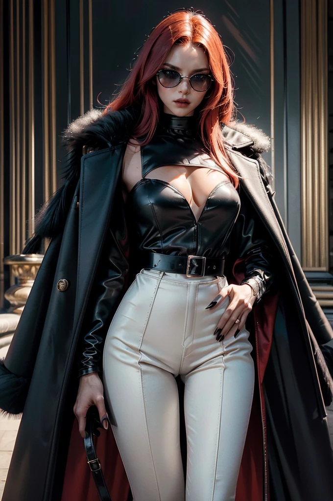 a beautiful young woman with long red hair, slim body, thin waist, narrow hips, detailed facial features, ((wearing high quality high waist black leather pants)), ((wearing formal white colored silk shirt with cleavage and long sleeves)), ((wearing black fur coat)), ((coat on shoulders)), ((red lining)), ((double luxury waist belt)), ((slightly red tinted glasses)), ((expensive reflective silk scarf)), holding a handbag, hand on waist, (best quality,4k,8k,highres,masterpiece:1.2),ultra-detailed,(realistic,photorealistic,photo-realistic:1.37),high fashion,editorial,dramatic lighting,cinematic,vivid colors,intricate details, glamorous