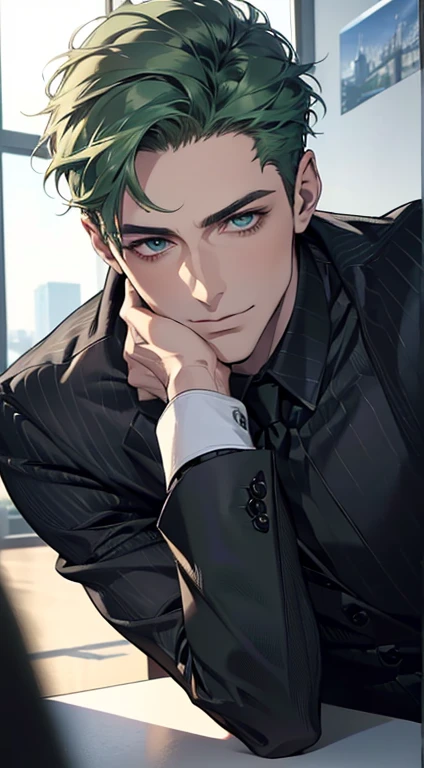 (best quality,4k,8k,highres,masterpiece:1.2),ultra-detailed,(realistic,photorealistic,photo-realistic:1.37),1 man,3,mature man,very handsome,without expression,smile,short green hair,blue eyes,penetrating gaze,perfect face without errors,imposing posture,businessman,office background,cinematic lighting,hdr image