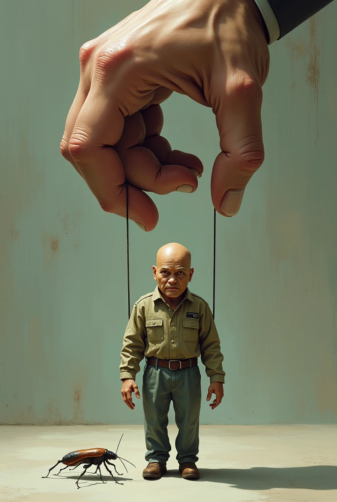 A giant hand controlling a puppet. This puppet is a man in work clothes, he is bald and has a tired expression. This puppet&#39;s shadow is like an insect(a cockroach). 