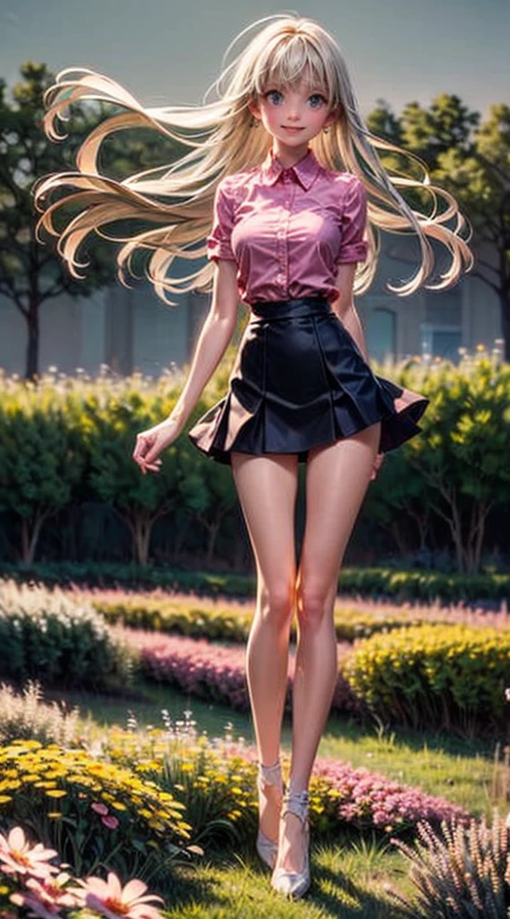 ((Elizabeth)), (best quality), (great lighting), (artwork), (superior details), (full body), (full body), 1 beautiful girl, (long white hair), detailed eyes, (thin body), big breasts, butt, small pink shirt, (very small shirt), black mini skirt, (black mini skirt), ((strong wind lifting the skirt, lifting the clothes)), white panties, panties showing, (flower field background), ((Great quality)), ((Great lighting)), well lit, (awkward pose), embarrassed smile, carme, beautiful, (8k_wallpaper)