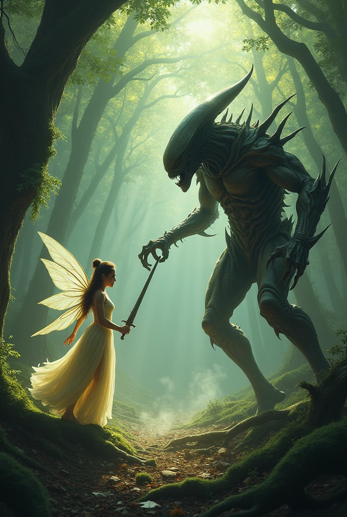 A fairy about to go into battle with an alien, In the woods