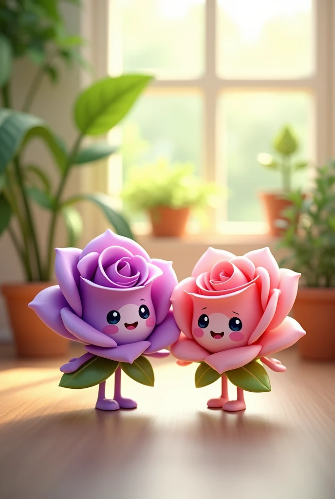 Create a transparent image of two adorable, cartoonish rose characters, one purple and one pink both with cheerful smiles and tiny arms and legs. They have glossy, semi-transparent surfaces with tiny water droplets, and each has a small leaf on top. The background features a bright and airy indoor setting with green plants and soft natural light, creating a cozy atmosphere. The scene conveys a sense of happiness and friendship, with a gentle bokeh effect in the background.
#