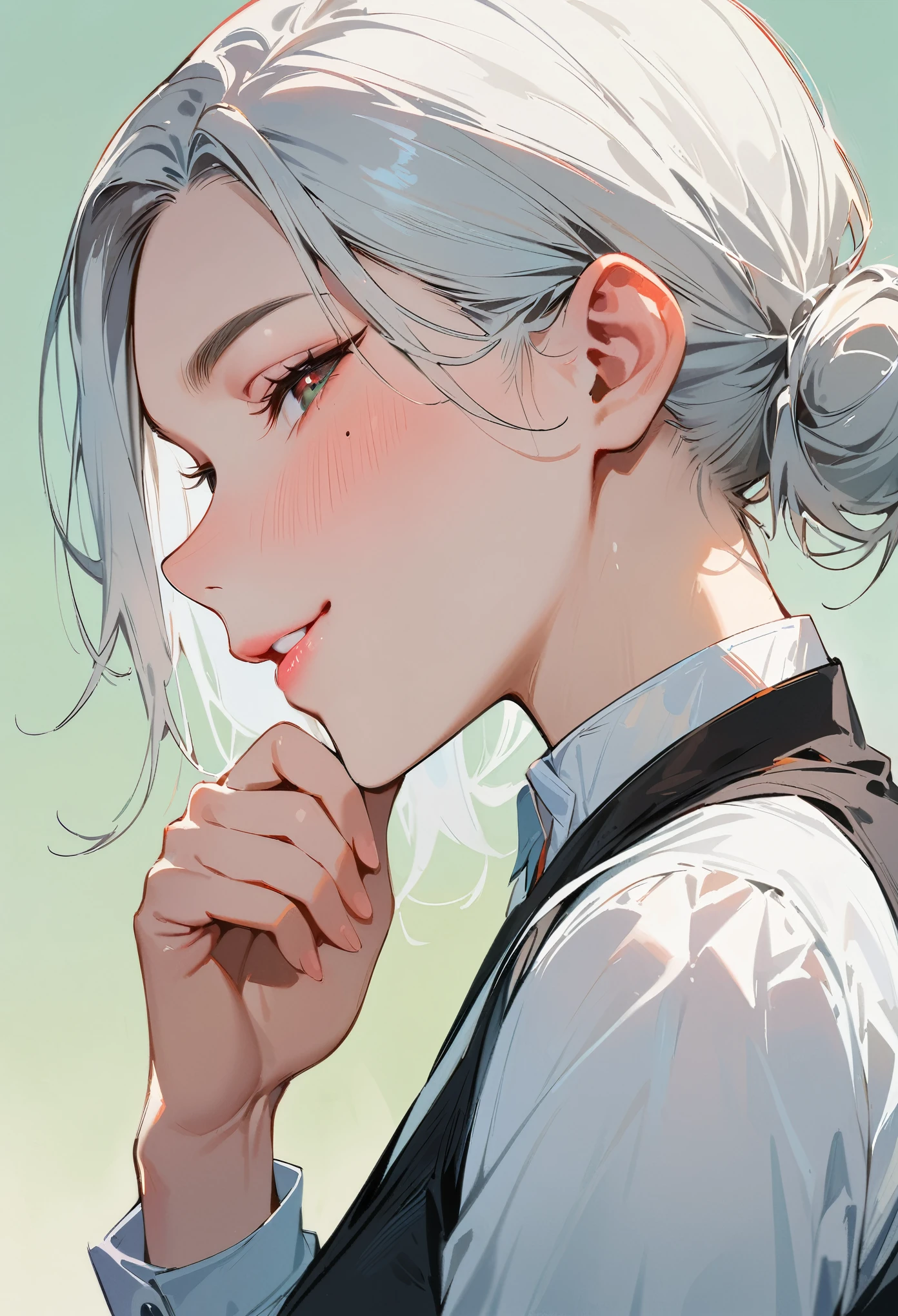 (masterpiece, best quality:1.4), 1 girl, 独奏, Heart-shaped pupils, Blurred eyes, Close your left eye, Smile, Profile,45° head tilt, Hold your chin with your right hand, Right tear mole, (Black long and short asymmetrical hairstyle:1.2), large breasts, Mini Girls, Vest, Black and white gradient background.