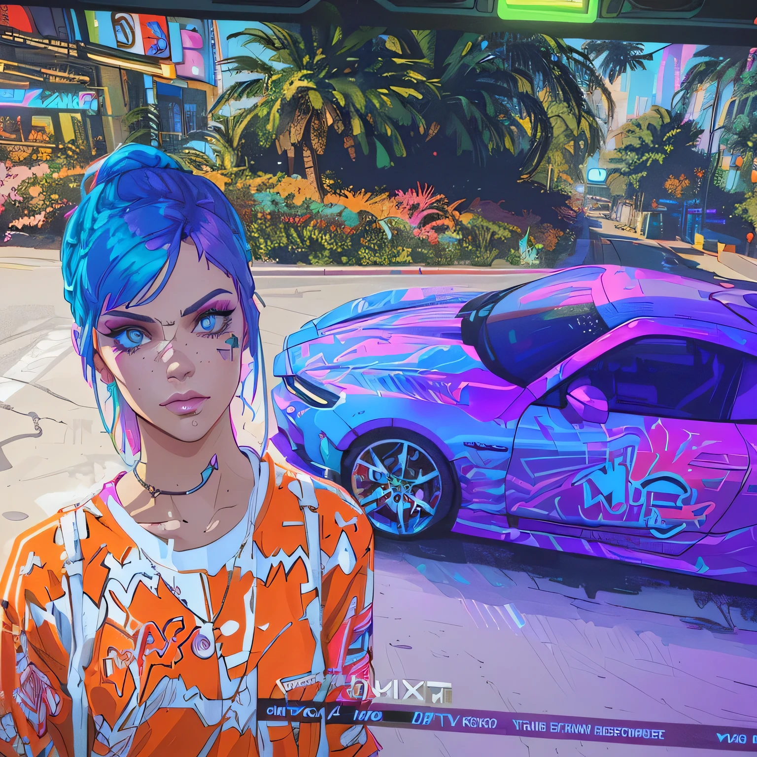 a close up of a person standing in front of a tv with a car on it, there is a woman that is standing in front of a neon sign, kilian eng vibrant colors, neon digital art, kilian eng vibrant colours, cyberpunk art style, ultraviolet and neon colors, neon art style, dreamy colorful cyberpunk colors, neon cyberpunk vibrant colors, synthwave art, neon basement, epic retrowave art, [ synthwave art style ]!! ]!!in gta v, as a character from gtav, gta character, as the protagonist of gta 5, decora inspired, gta5 style, style of gta v, gta v street style, looks a blend of grimes, she has purple hair, grand theft auto style