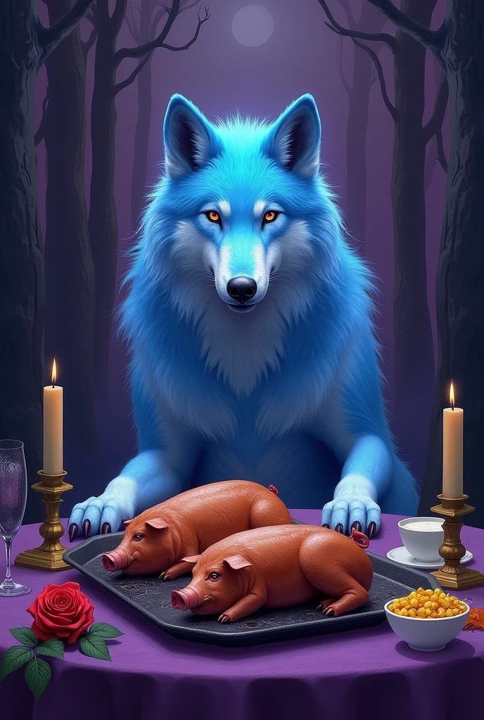 A blue wolf sitting at a table where the dinner on the table is 3 pigs. A rose. a yellow. It's a purple.