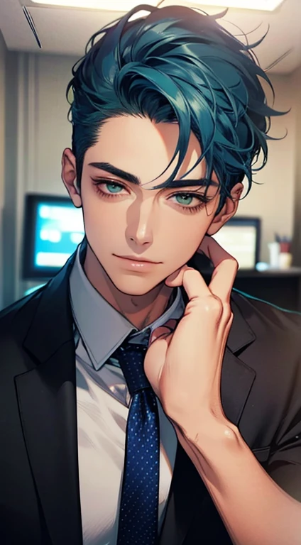 (Highest quality,4K,8K,High resolution,masterpiece:1.2),Super detailed,(Realistic,photoRealistic,photo-Realistic:1.37),1 personld,Mature Men,Beautiful skin、very handsome,Expressionless smile in love,Short blue hair,green eyes,Sharp Eyes,A perfect face without a doubt,Businessman, CEO, Office Background,Cinema Lighting,HDR image,tie、