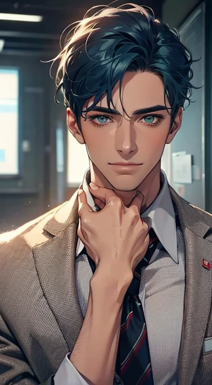 (Highest quality,4K,8K,High resolution,masterpiece:1.2),Super detailed,(Realistic,photoRealistic,photo-Realistic:1.37),1 personld, Men,Beautiful skin、very handsome,Expressionless smile in love,Short blue hair,green eyes,Sharp Eyes,A perfect face without a doubt,Businessman, CEO, Office Background,Cinema Lighting,HDR image,tie、