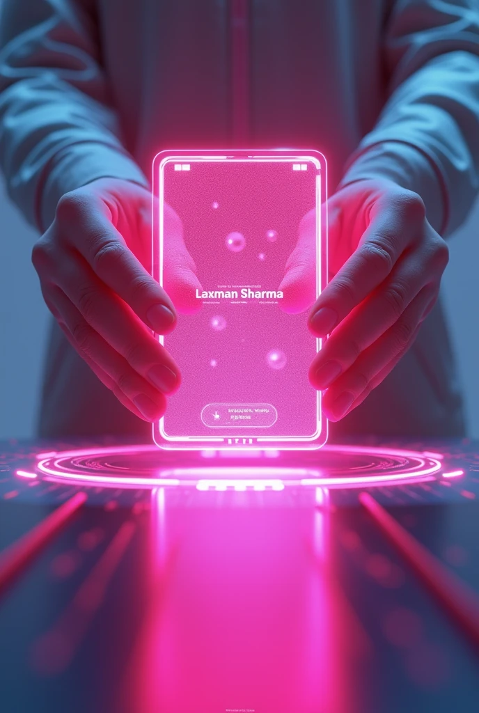 A table with a shiny pink card-like lead on it with "Laxman Sharma" written on it heald with two fingers