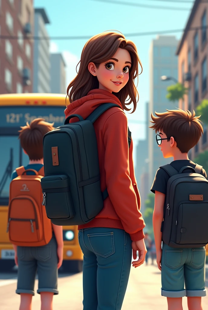 Make a 20 year old girl, low, Brown hair and a black waterproof backpack, a 2 boy, high, Tez blanca, cabello negro y de lentes con una mochila lowndo de un autobús en la ciudad, in 2d animation 