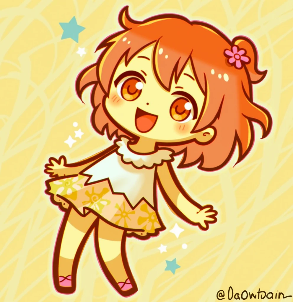 Create a digital chibi drawing of an anime girl with a distinctly hand-drawn digital style. She should have a cute and exaggerated appearance with a large, round face, big, expressive eyes, and a joyful smile. Her hair should be styled in a playful, voluminous way with bright colors like soft peach or pastel lavender, and include hand-drawn highlights and shadows. Dress her in a simple yet charming outfit, such as a cute dress with floral patterns or a stylish skirt and top combination, paired with minimal, colorful accessories like a small hat or a ribbon.For the background, design a beautiful, digital scene featuring lush, detailed plants and flowers, like a vibrant garden or a whimsical forest with softly colored foliage and delicate blossoms. The background should enhance the chibi character, using harmonious colors and a clean, polished digital effect. Ensure the drawing has a clear, hand-drawn digital look with crisp lines and vivid colors, making it obvious that it is a carefully crafted digital artwork and not created by AI.