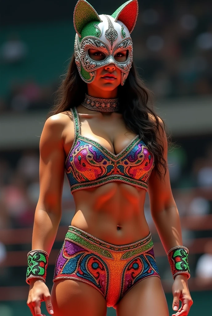 Create me a very original women's wrestling costume in sequins or glitter that is 2 pieces and has a design with Mexican shapes and a mask with the colors of the Mexican flag that is also very creative wrestling with cat ears.