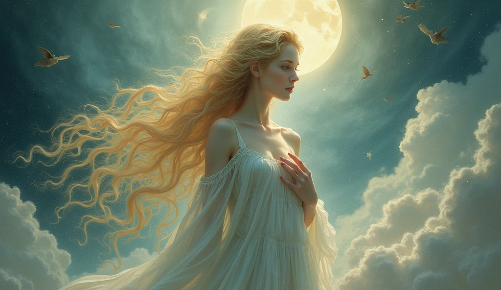 A ethereal, feminine figure with a sorrowful yet regal bearing. Long, flowing golden hair cascades down her back and shoulders. Her skin is pale and luminous, almost translucent. She has large, expressive eyes that shine with a mix of wisdom and melancholy. Ahania wears diaphanous, flowing robes in shades of pale blue and silver that seem to merge with clouds or mist around her. The robes appear almost liquid-like, shifting and swirling as if moved by an unseen breeze. Her face is beautiful but marked by an expression of deep contemplation and a hint of anguish. She may have one hand reaching outward, while the other is pressed to her heart. Surrounding Ahania are subtle symbols of wisdom and sorrow - perhaps a crescent moon, stars, or fragments of scrolls or books floating in the space around her. The background should suggest a liminal space between earth and sky, with swirling clouds and hints of celestial bodies. The overall tone should be dreamlike and surreal, capturing Blake's visionary style and the complex, spiritual nature of Ahania as a representation of wisdom and pleasure separated from the divine.
