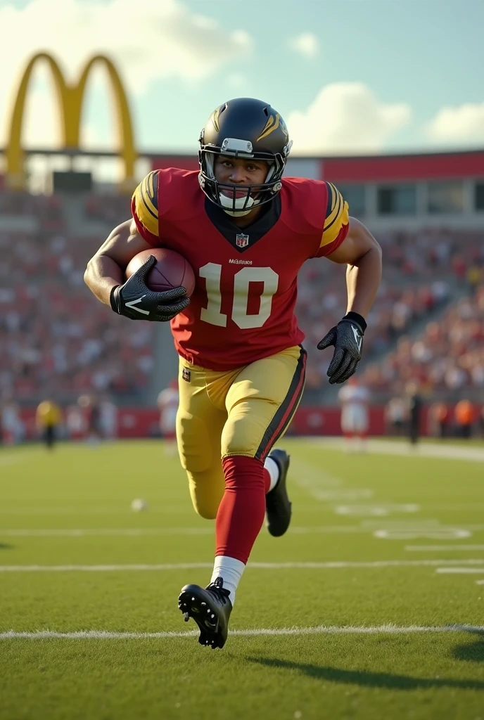 Caucasian McDonalds football padded employee, running the ball, helmet with dark visor